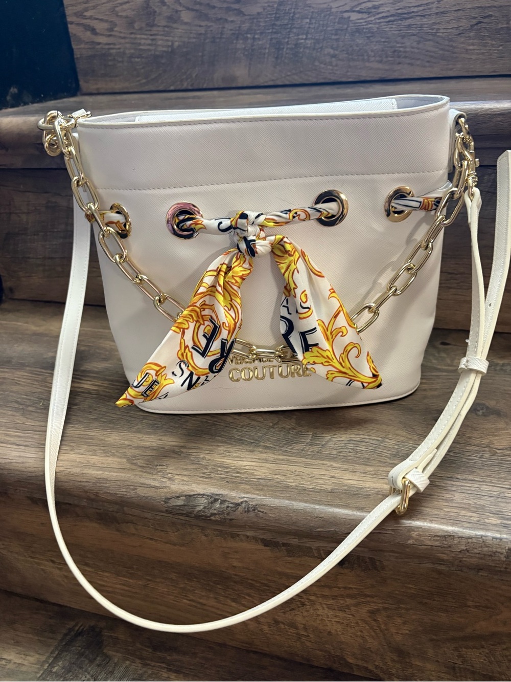 Versace Jeans Couture Cream Bucket Bag with Gold Chain & Yellow Scarf
